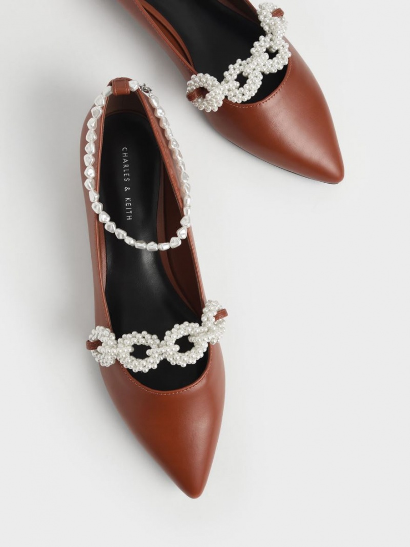 Charles And Keith Beaded Mary Jane Flat Shoes Brown | PHILIPPINES W603