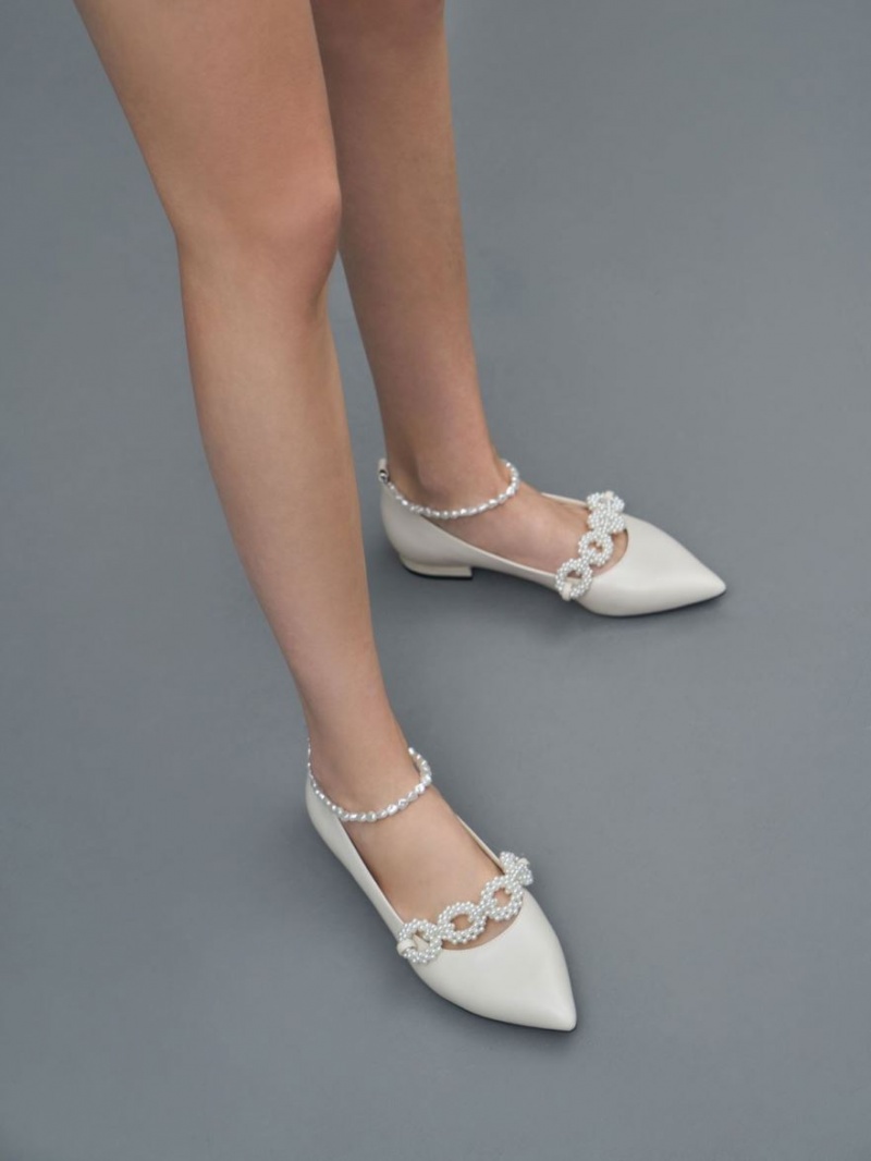 Charles And Keith Beaded Mary Jane Flat Shoes White | PHILIPPINES F647