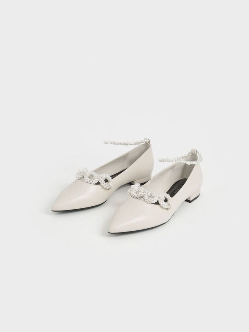 Charles And Keith Beaded Mary Jane Flat Shoes White | PHILIPPINES F647