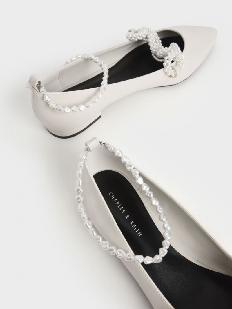 Charles And Keith Beaded Mary Jane Flat Shoes White | PHILIPPINES F647