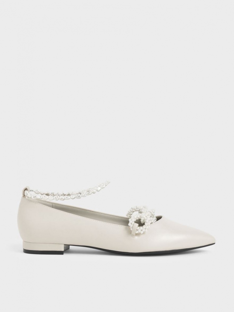 Charles And Keith Beaded Mary Jane Flat Shoes White | PHILIPPINES F647