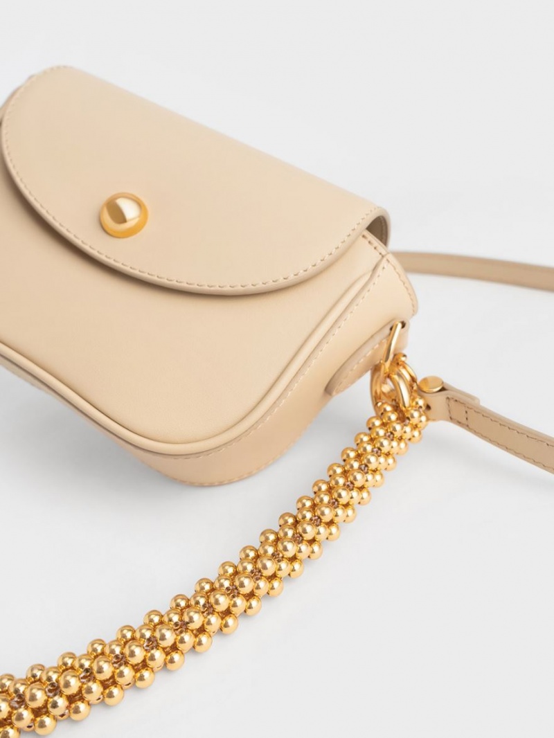 Charles And Keith Beaded Metallic Handle Sculptural Shoulder Bags Beige | PHILIPPINES N956