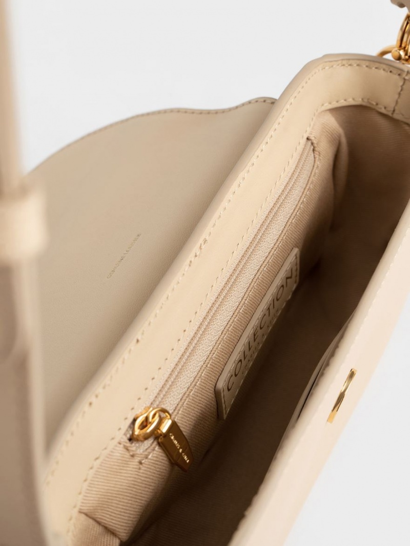 Charles And Keith Beaded Metallic Handle Sculptural Shoulder Bags Beige | PHILIPPINES N956