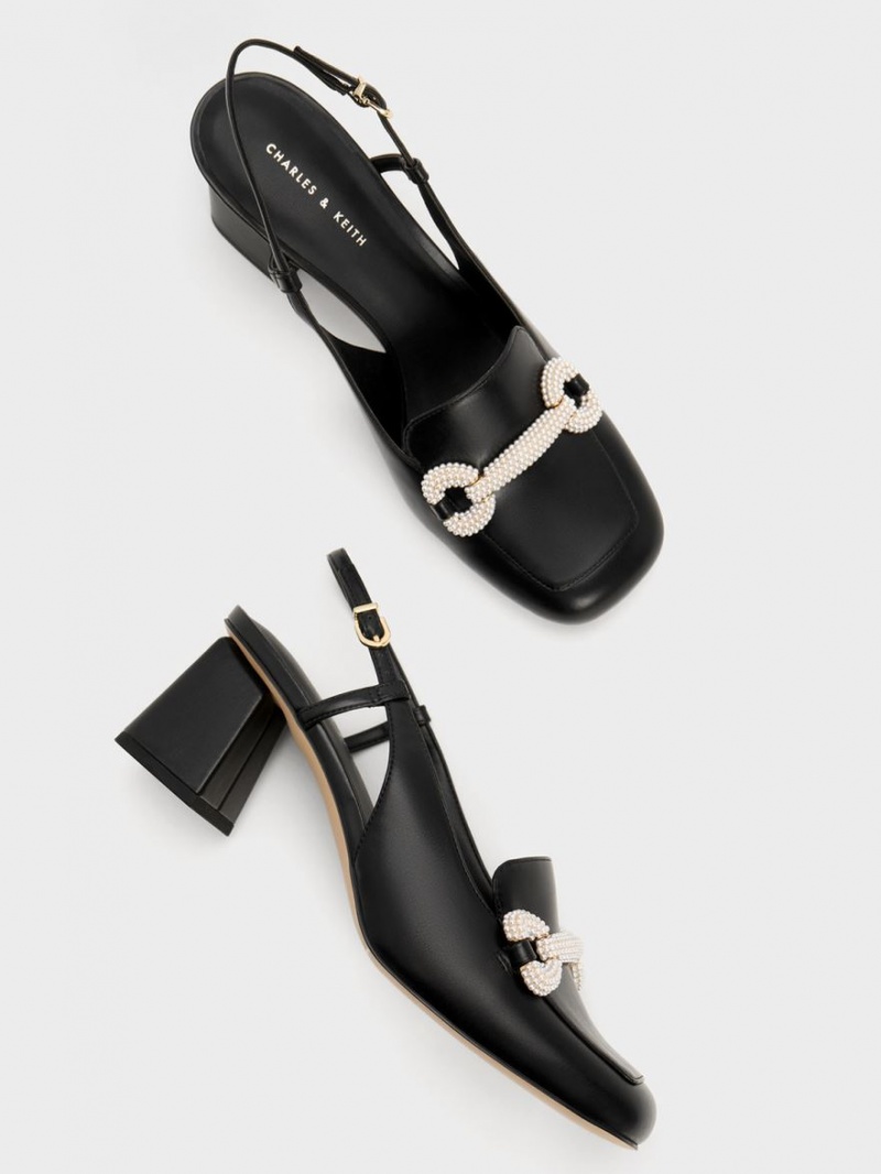 Charles And Keith Beaded Slingback Loafer Pumps Black | PHILIPPINES U742