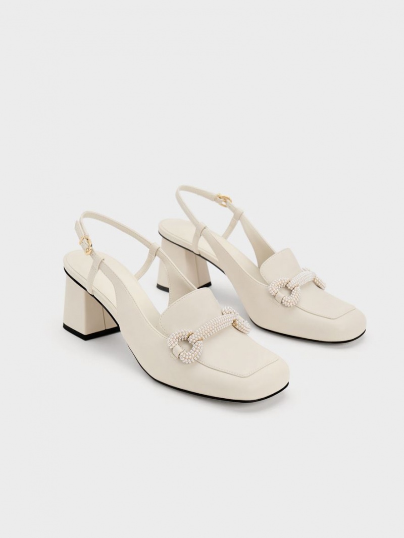 Charles And Keith Beaded Slingback Loafer Pumps White | PHILIPPINES I172