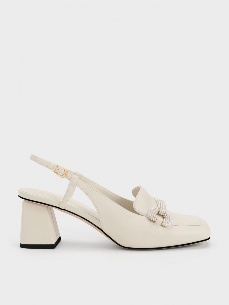 Charles And Keith Beaded Slingback Loafer Pumps White | PHILIPPINES I172