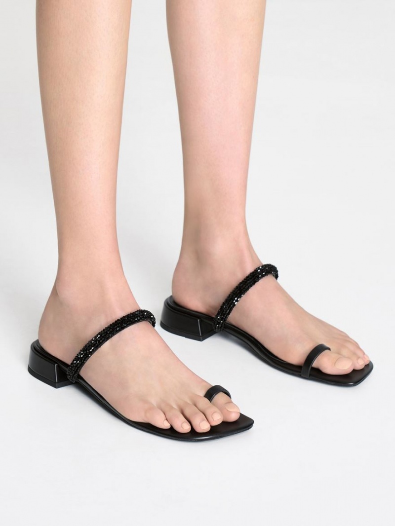 Charles And Keith Beaded Toe-Ring Flat Sandals Black | PHILIPPINES J801