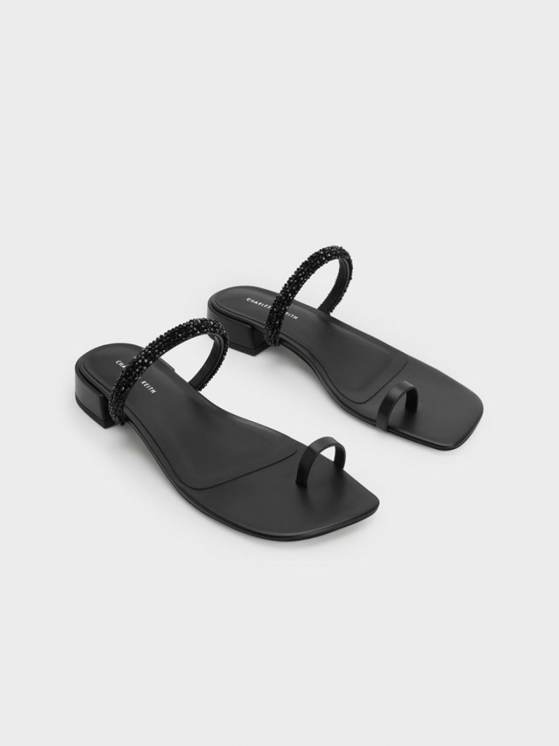 Charles And Keith Beaded Toe-Ring Flat Sandals Black | PHILIPPINES J801