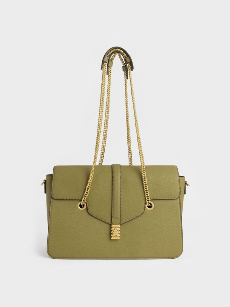 Charles And Keith Blair Double Chain Handbag Olive | PHILIPPINES V961