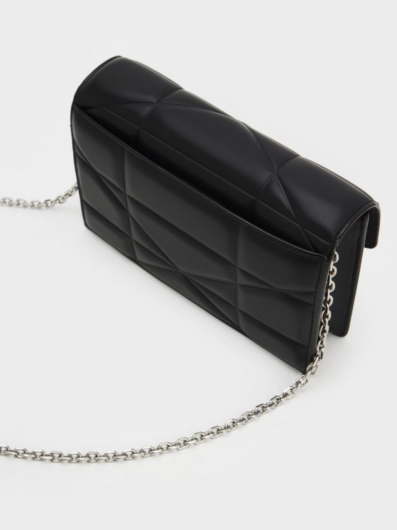 Charles And Keith Blanche Chevron Chain-Strap Clutch Bag Black | PHILIPPINES A358