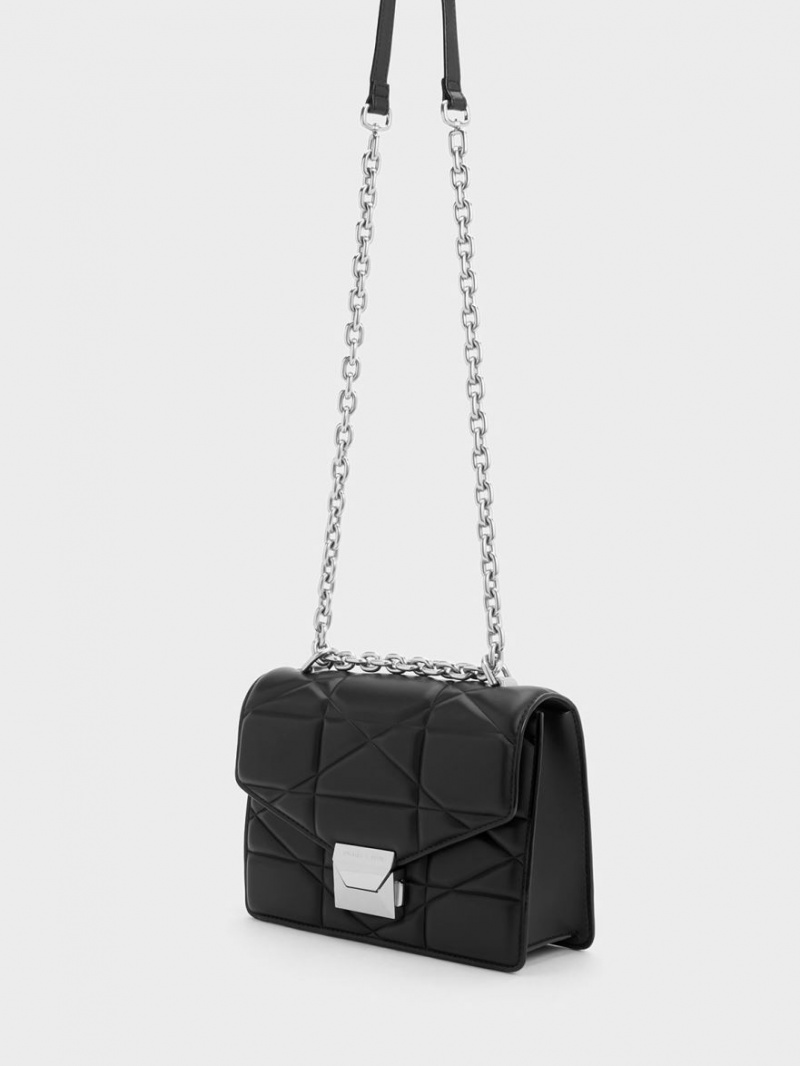 Charles And Keith Blanche Chevron Chain Handbag Black | PHILIPPINES O083