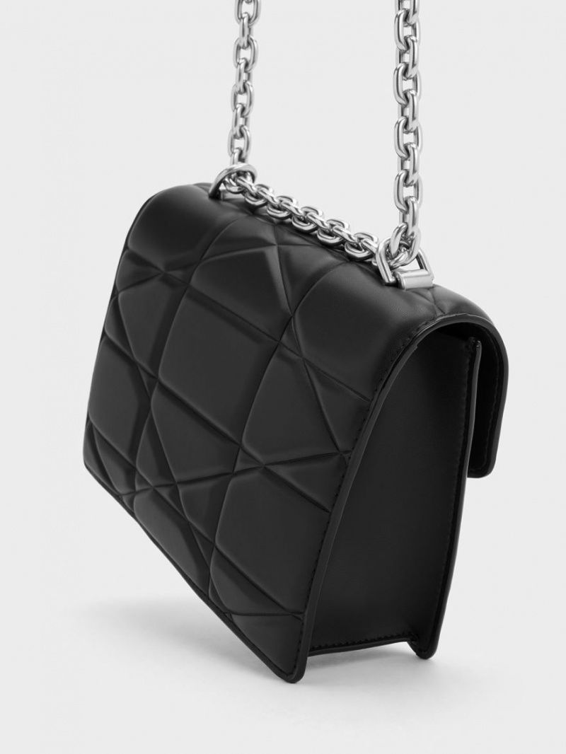 Charles And Keith Blanche Chevron Chain Handbag Black | PHILIPPINES O083