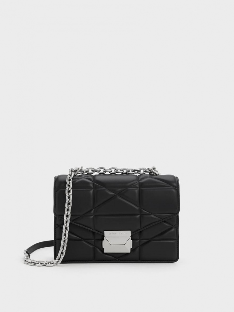 Charles And Keith Blanche Chevron Chain Handbag Black | PHILIPPINES O083