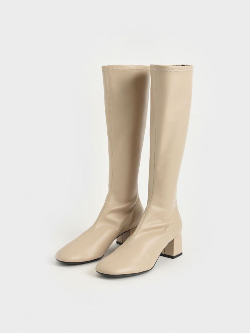 Charles And Keith Block Heel Knee-high Boots Beige | PHILIPPINES Y319