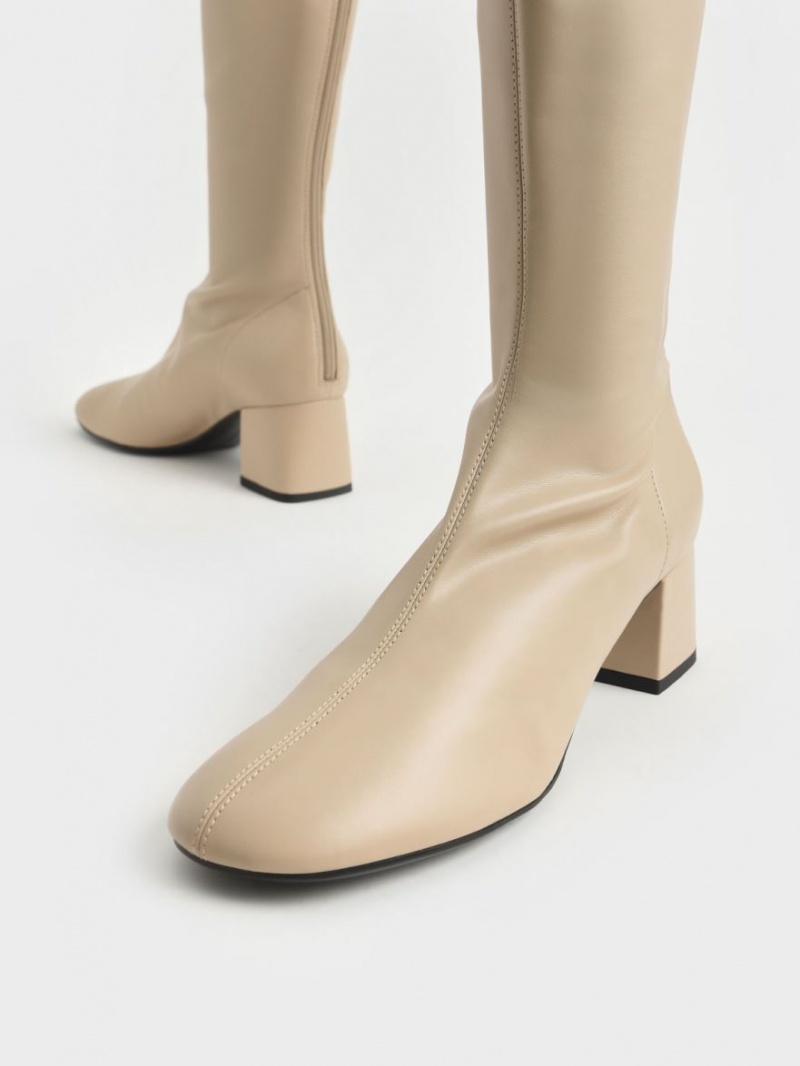 Charles And Keith Block Heel Knee-high Boots Beige | PHILIPPINES Y319