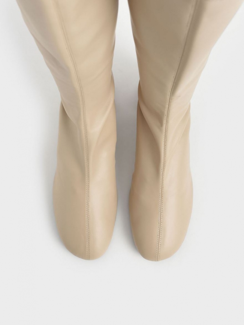 Charles And Keith Block Heel Knee-high Boots Beige | PHILIPPINES Y319