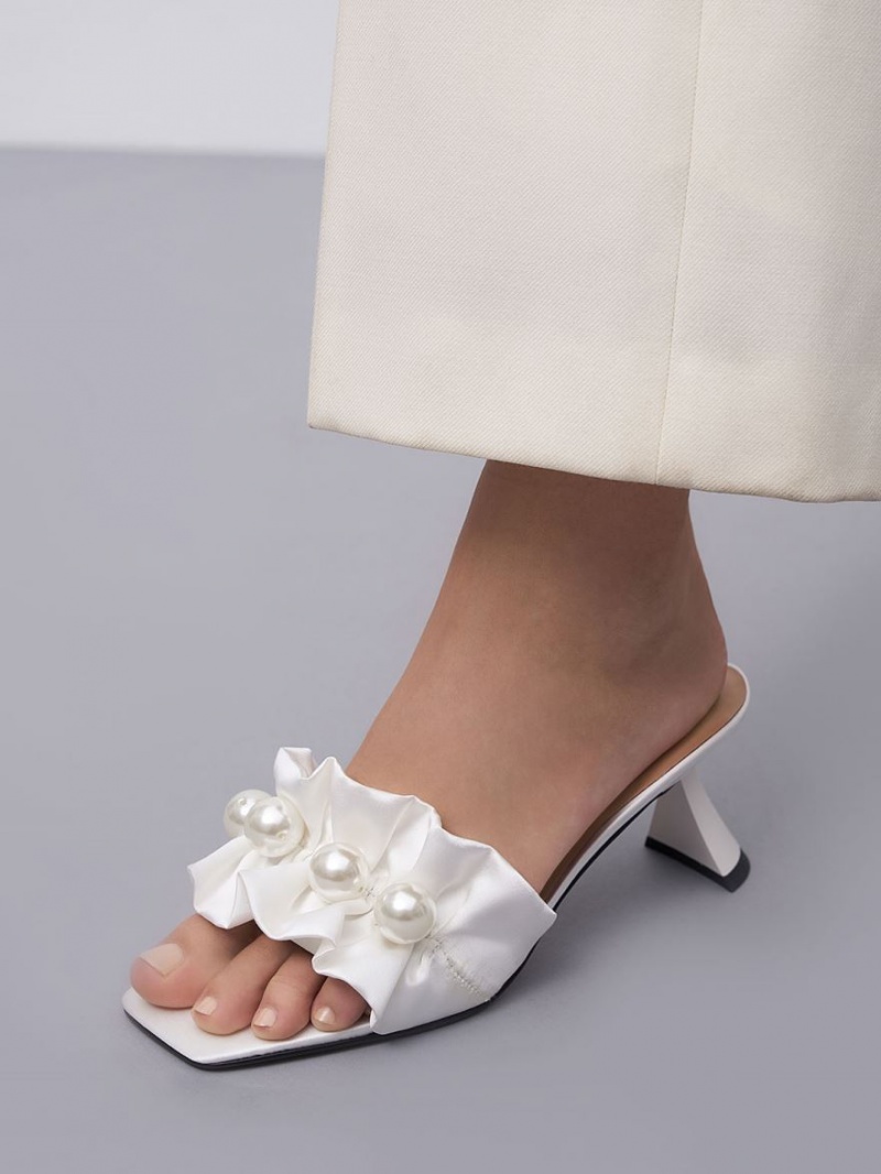 Charles And Keith Blythe Bead-Embellished Satin Mules White | PHILIPPINES Z132