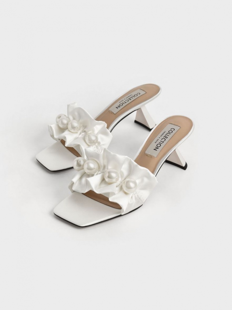 Charles And Keith Blythe Bead-Embellished Satin Mules White | PHILIPPINES Z132