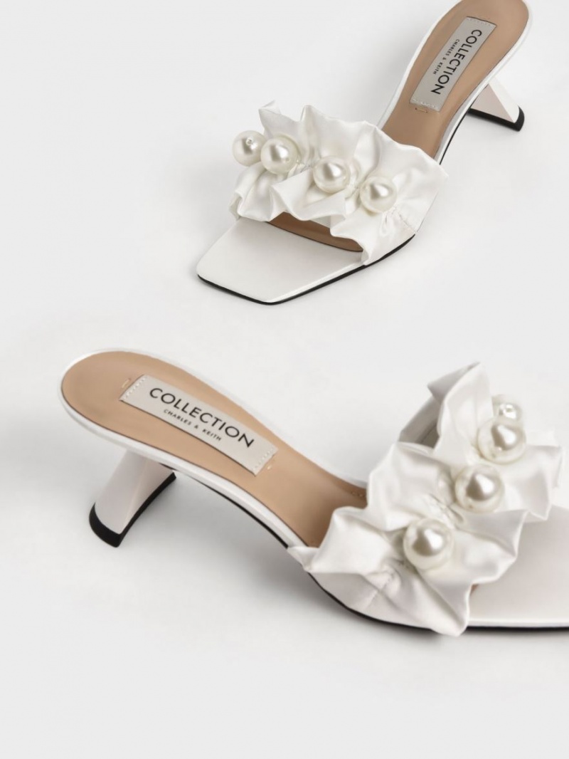 Charles And Keith Blythe Bead-Embellished Satin Mules White | PHILIPPINES Z132