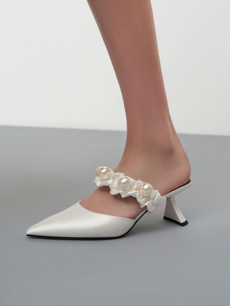 Charles And Keith Blythe Bead Embellished Satin Pumps White | PHILIPPINES U496