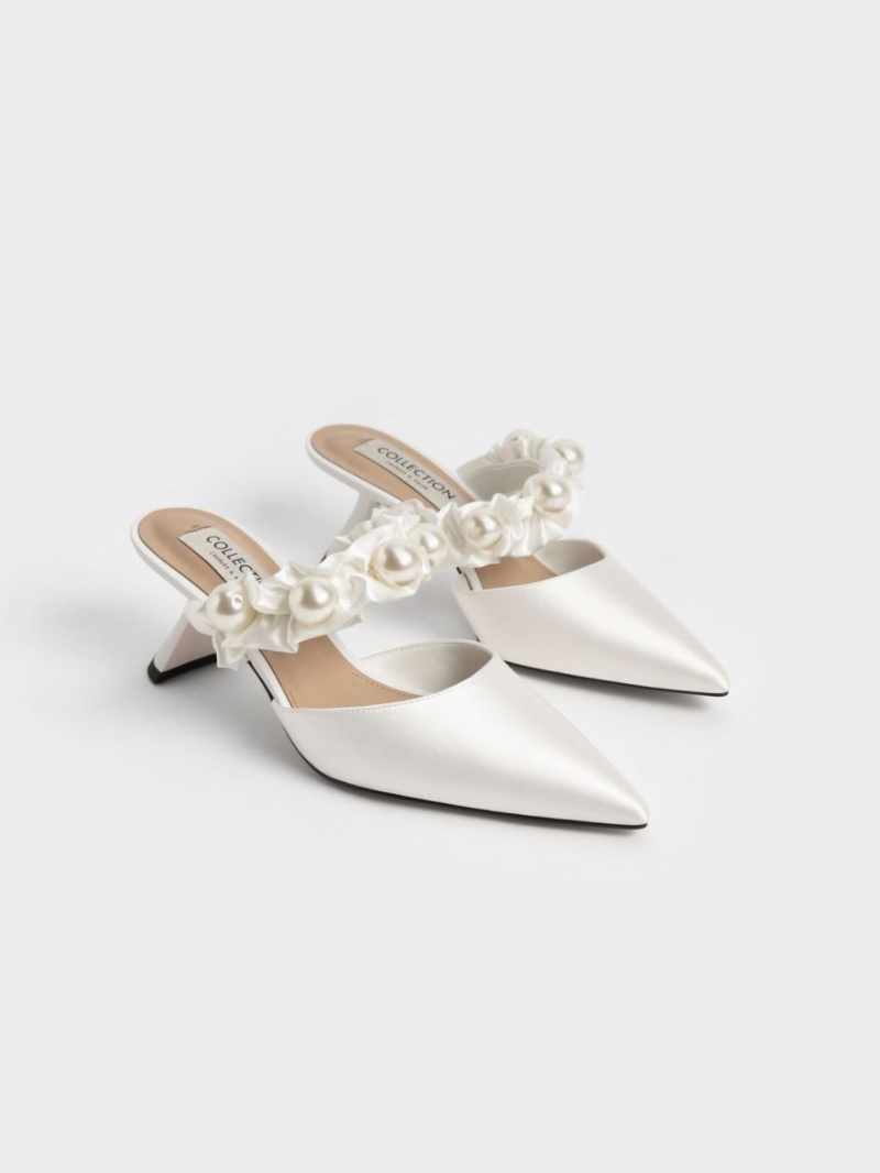 Charles And Keith Blythe Bead Embellished Satin Pumps White | PHILIPPINES U496