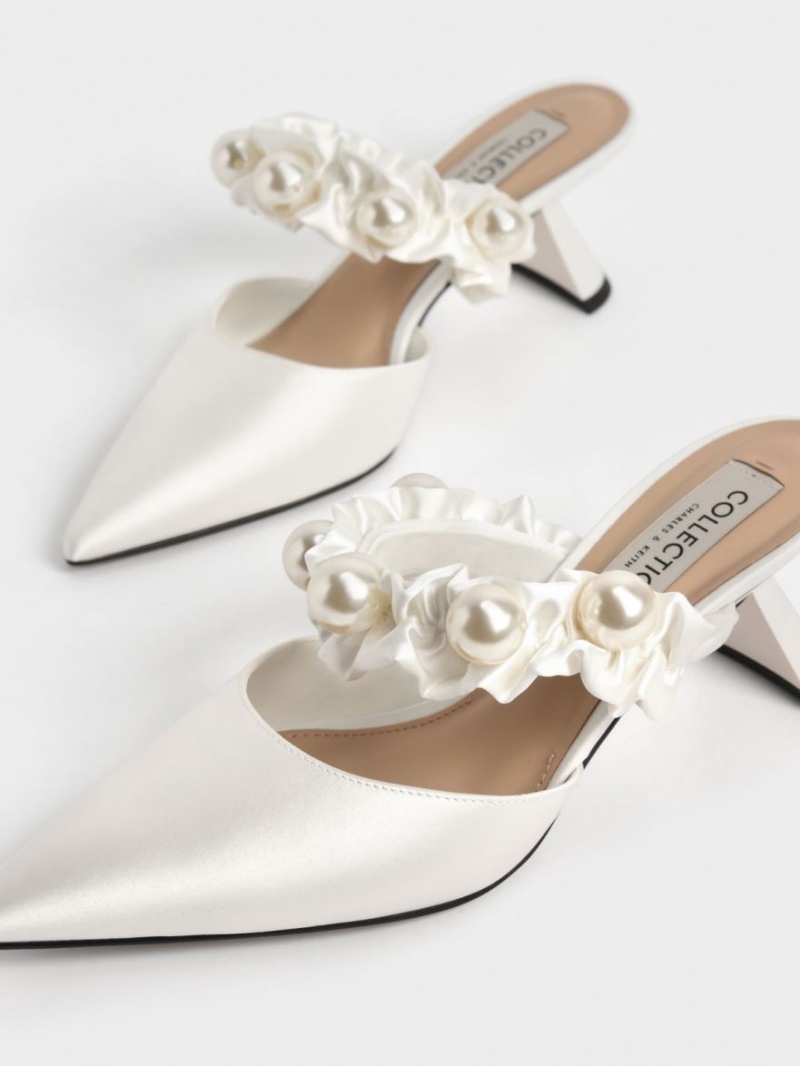 Charles And Keith Blythe Bead Embellished Satin Pumps White | PHILIPPINES U496