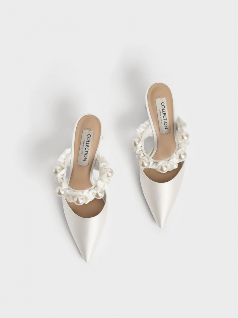 Charles And Keith Blythe Bead Embellished Satin Pumps White | PHILIPPINES U496