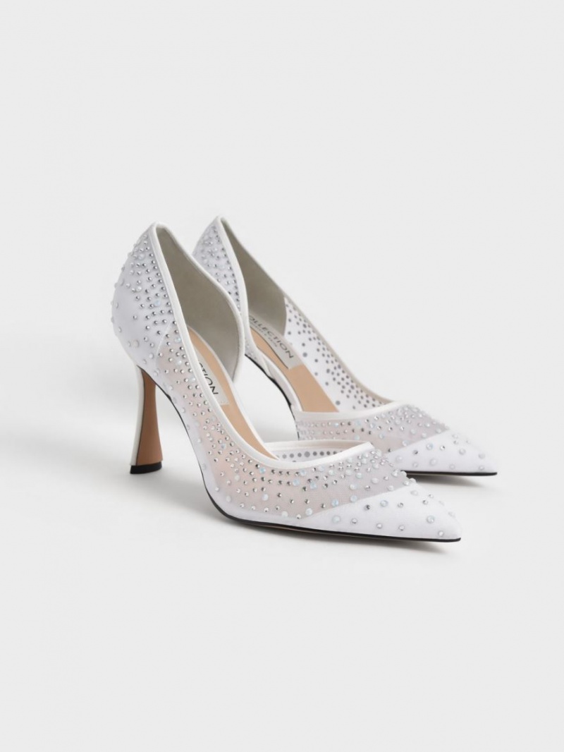 Charles And Keith Blythe Mesh Embellished Half-D'Orsay Pumps White | PHILIPPINES F803