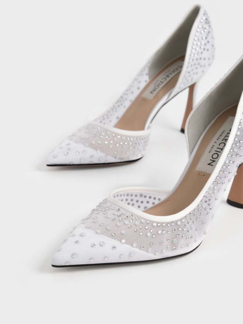 Charles And Keith Blythe Mesh Embellished Half-D'Orsay Pumps White | PHILIPPINES F803