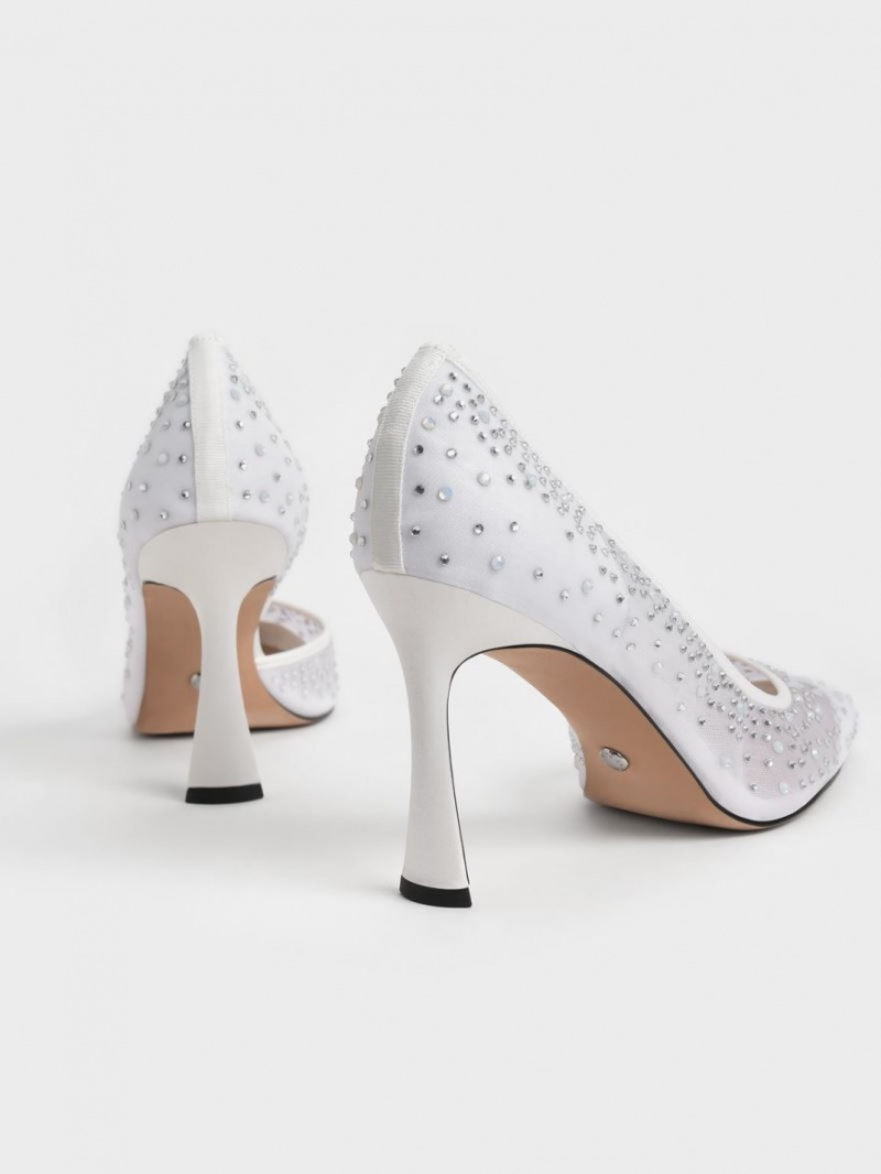 Charles And Keith Blythe Mesh Embellished Half-D'Orsay Pumps White | PHILIPPINES F803