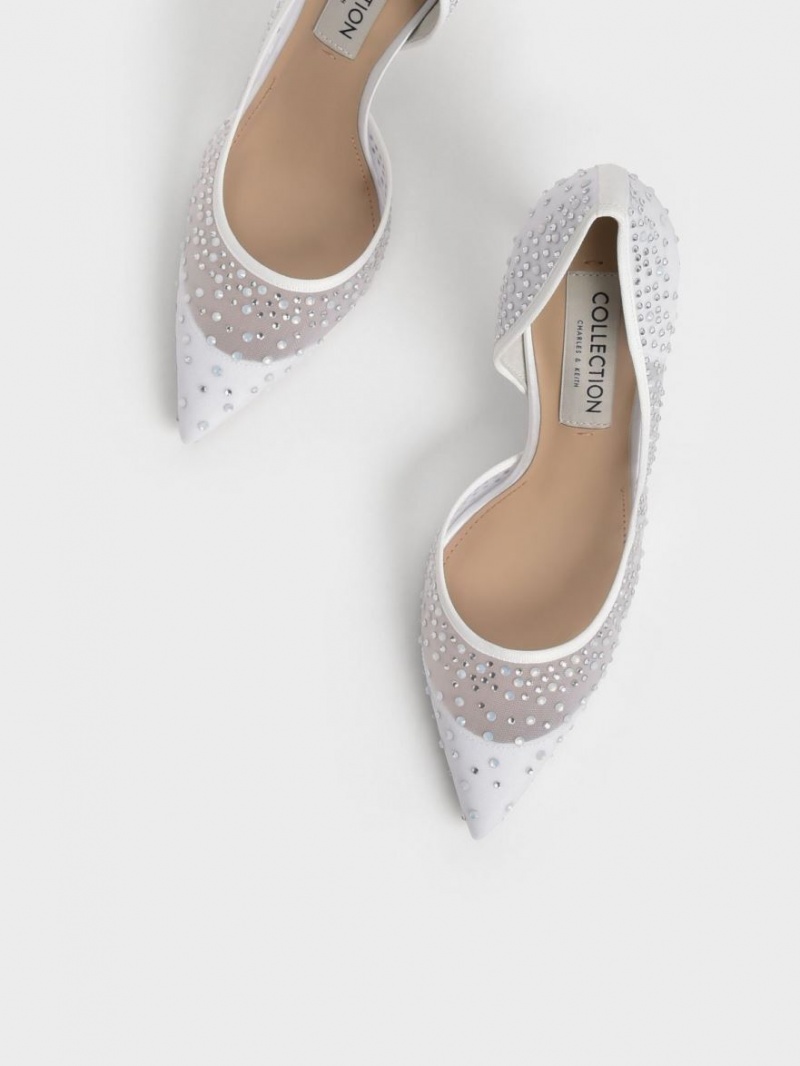 Charles And Keith Blythe Mesh Embellished Half-D'Orsay Pumps White | PHILIPPINES F803