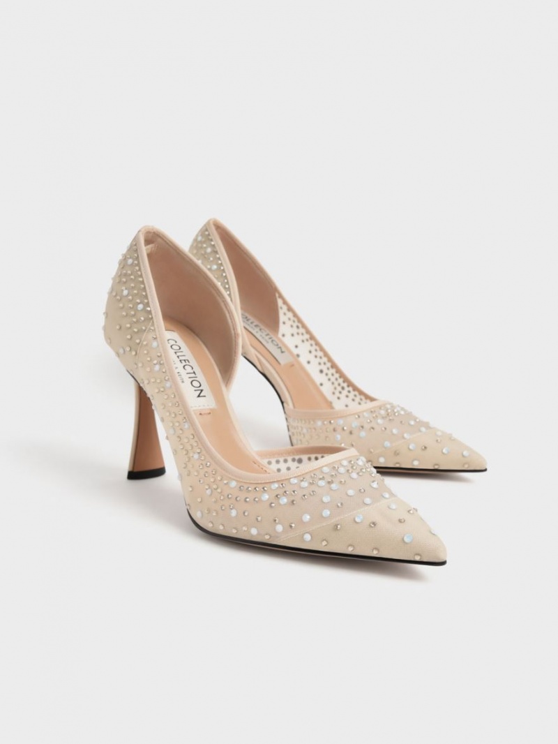 Charles And Keith Blythe Mesh Embellished Half-D'Orsay Pumps Beige | PHILIPPINES X386