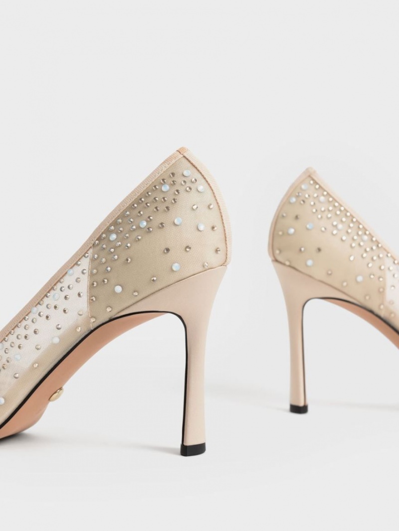 Charles And Keith Blythe Mesh Embellished Half-D'Orsay Pumps Beige | PHILIPPINES X386