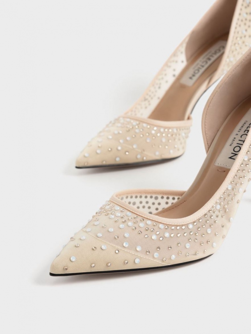 Charles And Keith Blythe Mesh Embellished Half-D'Orsay Pumps Beige | PHILIPPINES X386