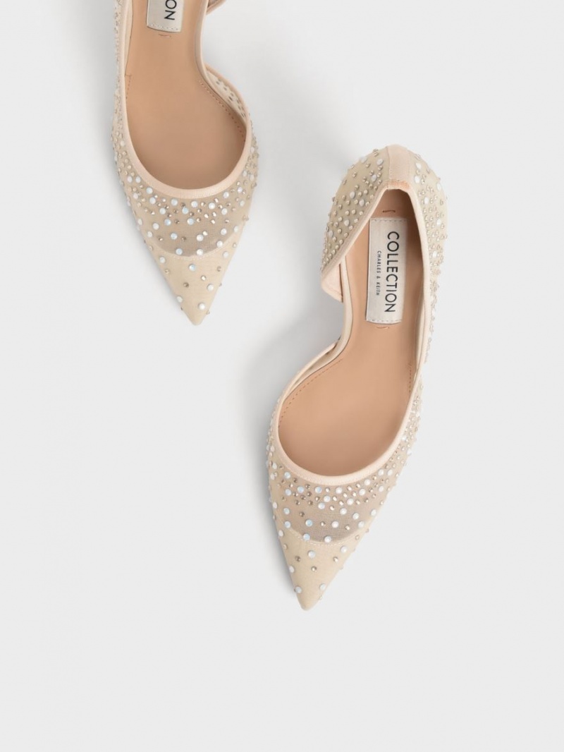 Charles And Keith Blythe Mesh Embellished Half-D'Orsay Pumps Beige | PHILIPPINES X386