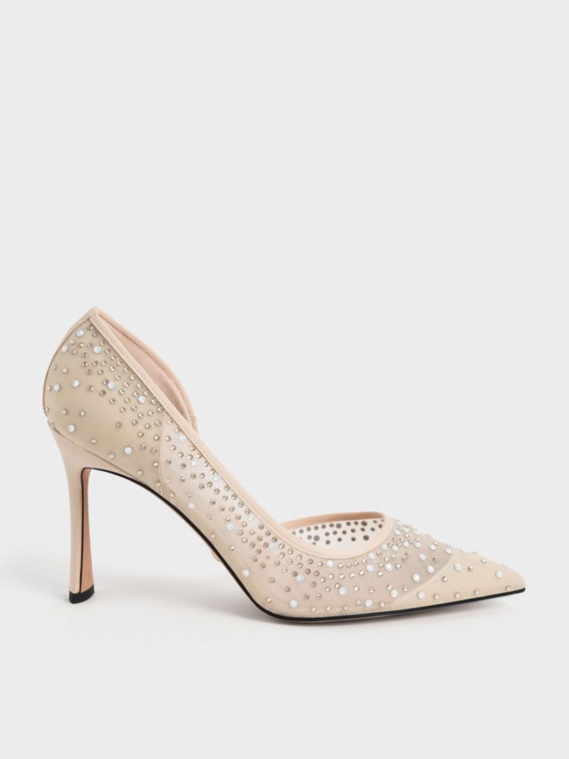 Charles And Keith Blythe Mesh Embellished Half-D\'Orsay Pumps Beige | PHILIPPINES X386