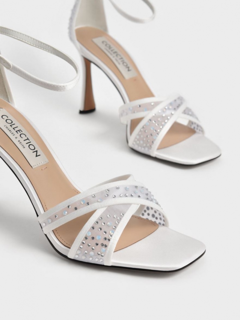 Charles And Keith Blythe Mesh & Satin Embellished Heels Sandals White | PHILIPPINES O397