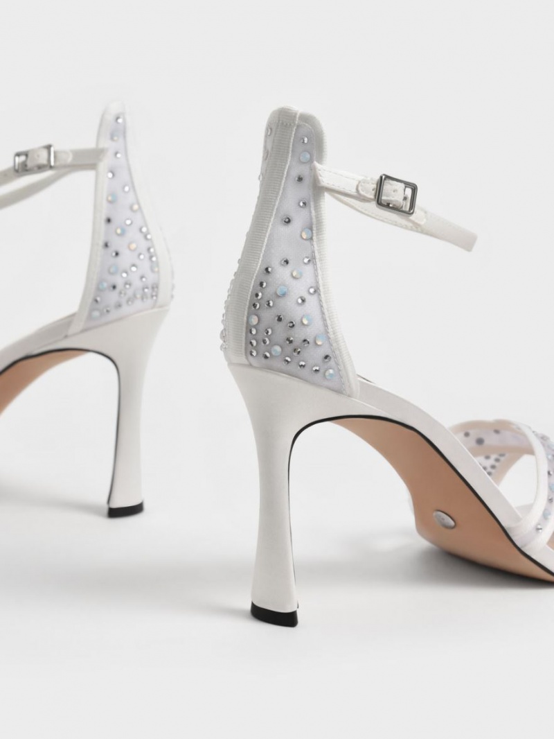 Charles And Keith Blythe Mesh & Satin Embellished Heels Sandals White | PHILIPPINES O397