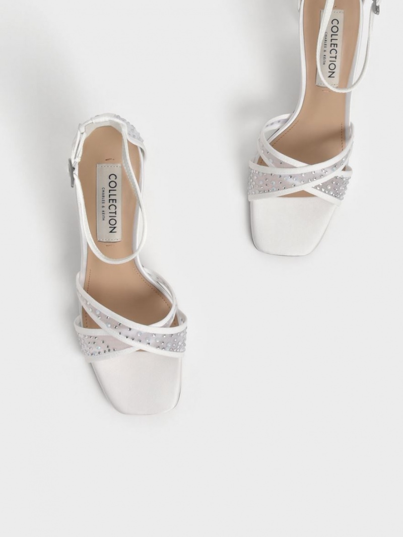 Charles And Keith Blythe Mesh & Satin Embellished Heels Sandals White | PHILIPPINES O397