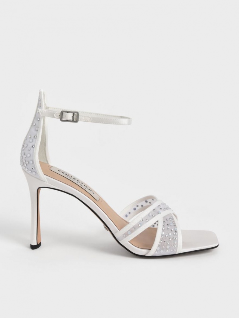 Charles And Keith Blythe Mesh & Satin Embellished Heels Sandals White | PHILIPPINES O397