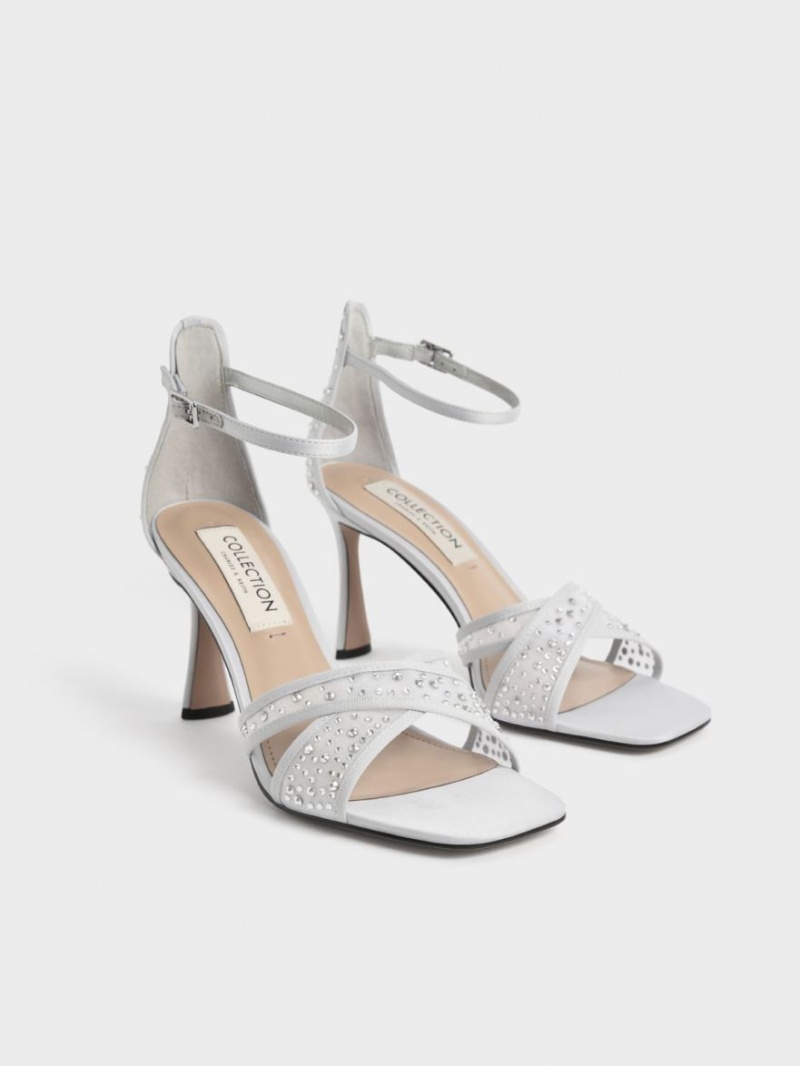 Charles And Keith Blythe Mesh & Satin Embellished Heels Sandals Silver | PHILIPPINES D530