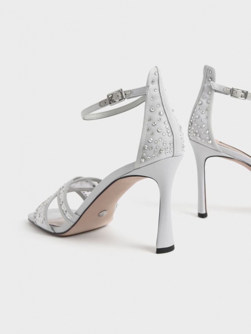 Charles And Keith Blythe Mesh & Satin Embellished Heels Sandals Silver | PHILIPPINES D530