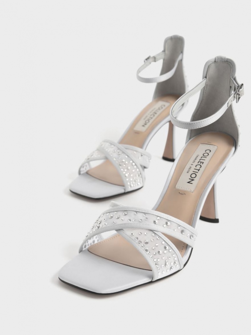 Charles And Keith Blythe Mesh & Satin Embellished Heels Sandals Silver | PHILIPPINES D530