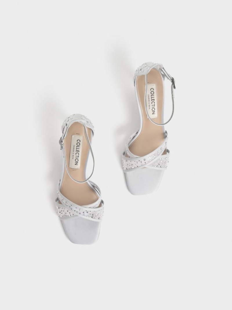 Charles And Keith Blythe Mesh & Satin Embellished Heels Sandals Silver | PHILIPPINES D530