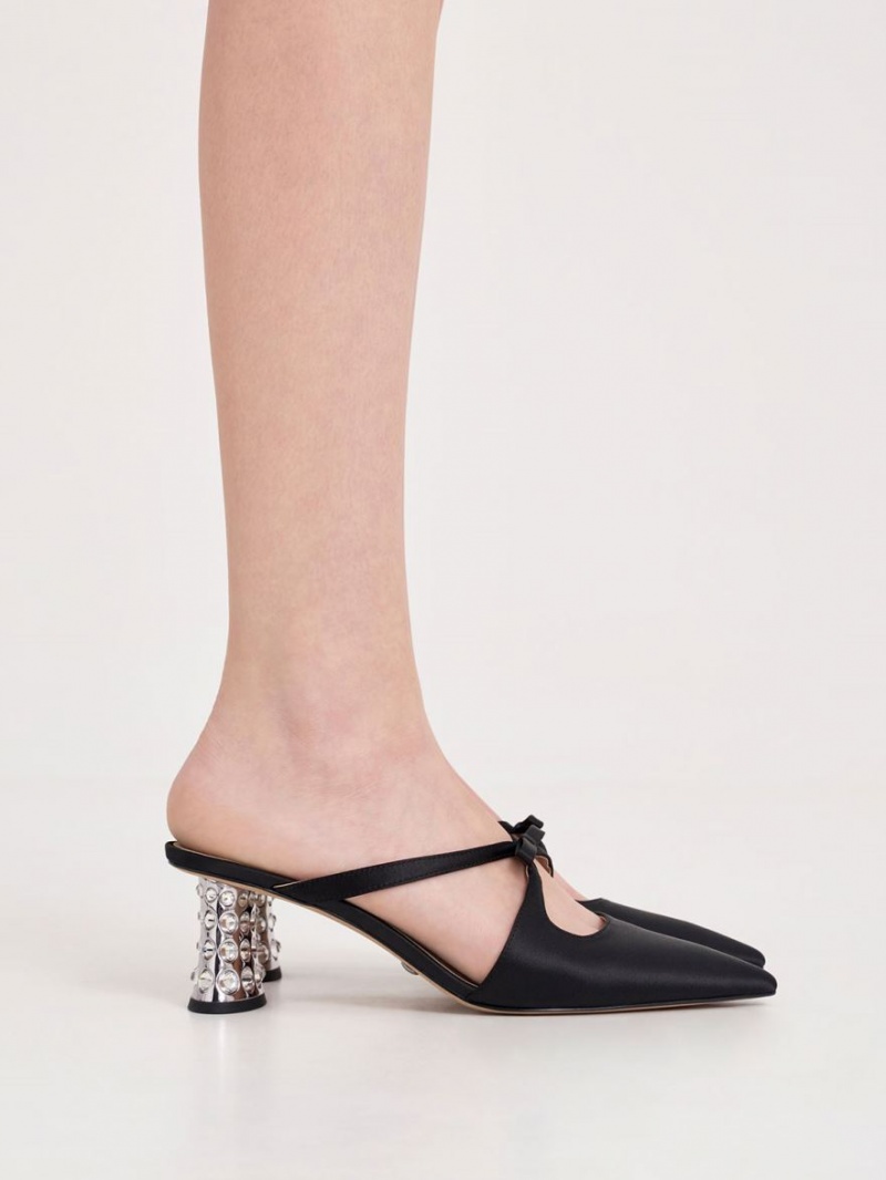 Charles And Keith Bow Crossover Gem-Embellished Mules Black | PHILIPPINES Q137