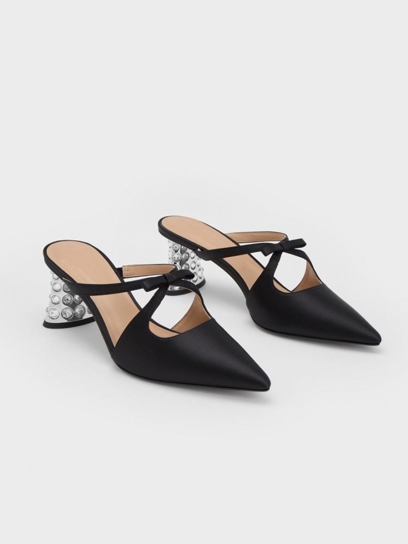 Charles And Keith Bow Crossover Gem-Embellished Mules Black | PHILIPPINES Q137