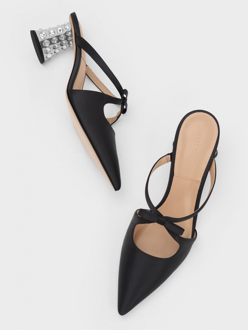 Charles And Keith Bow Crossover Gem-Embellished Mules Black | PHILIPPINES Q137