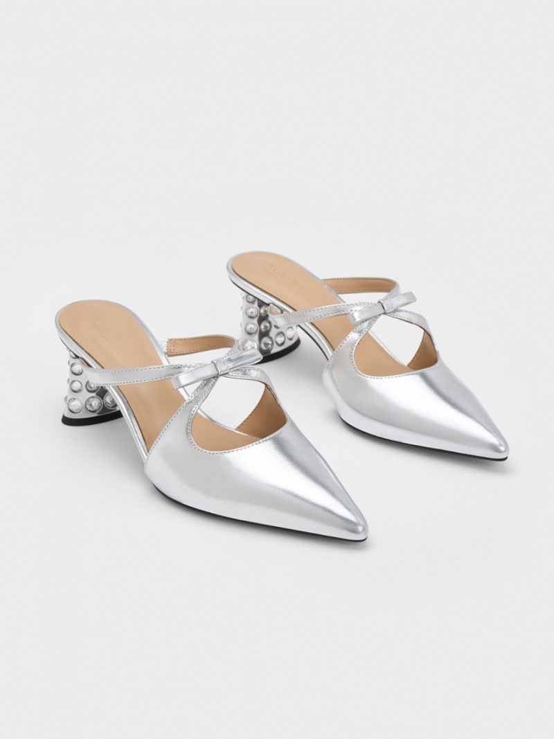 Charles And Keith Bow Crossover Gem-Embellished Mules Silver | PHILIPPINES P234