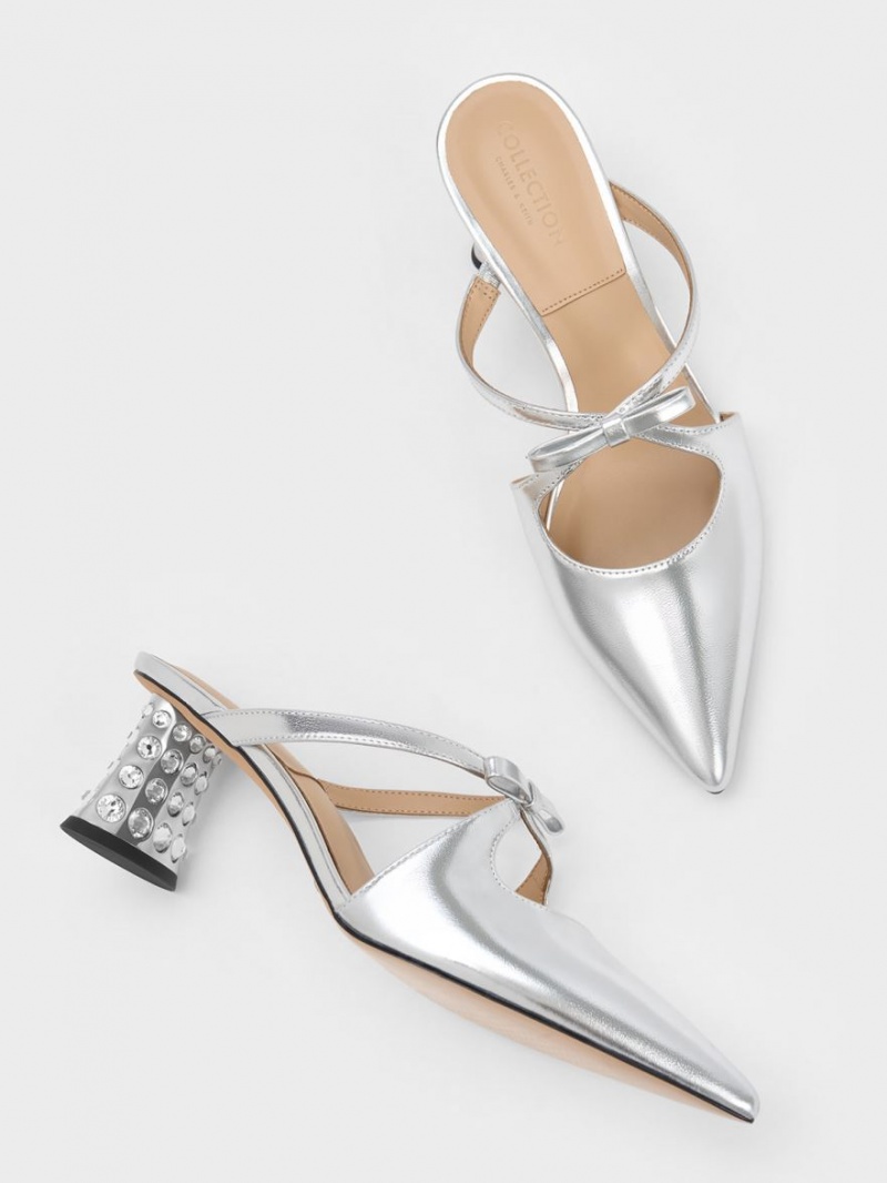 Charles And Keith Bow Crossover Gem-Embellished Mules Silver | PHILIPPINES P234