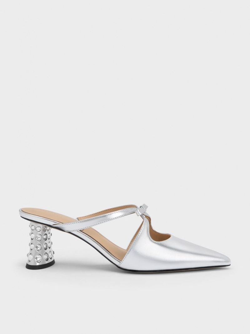 Charles And Keith Bow Crossover Gem-Embellished Mules Silver | PHILIPPINES P234